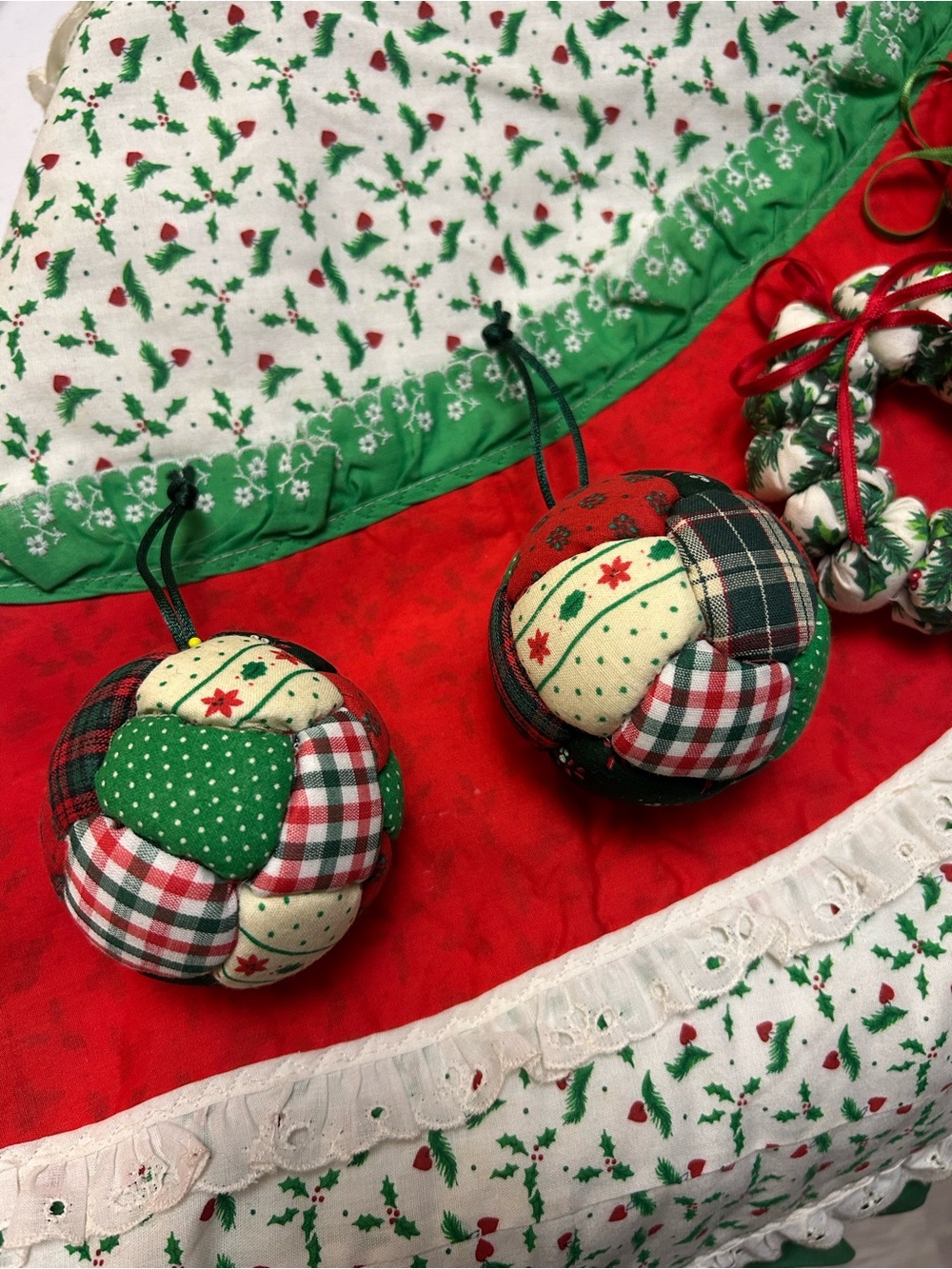 Holiday Patchwork Fabric Ornament Set - Green, Red, Cream